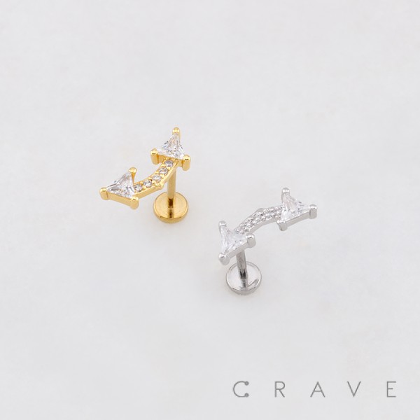 DOUBLE CURVED ARROWHEAD CZ TRIANGLE THREADLESS (PUSH IN) 316L SURGICAL STEEL LABRET SET